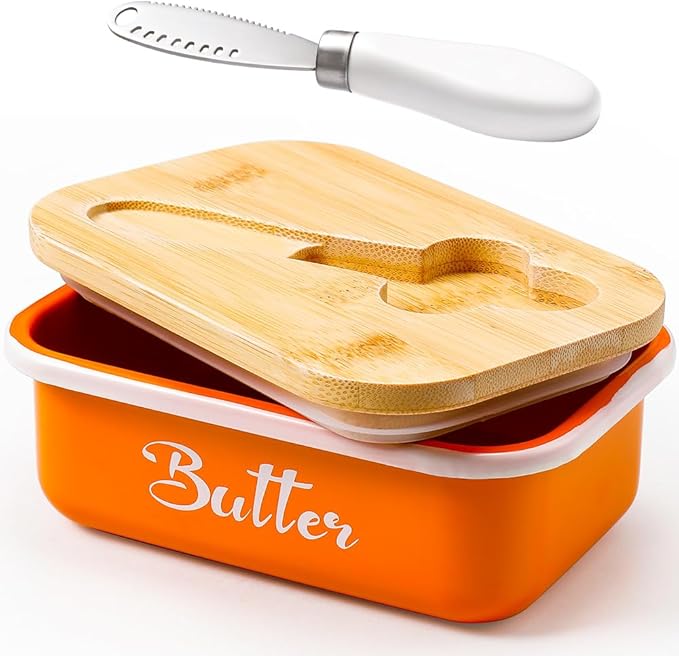 Butter Dish, Butter Dish with Lid for Countertop,Metal Butter Keeper with Stainless Steel Multipurpose Butter Knife, Large Butter Container with quality Silicone Good Kitchen Gift,Orange