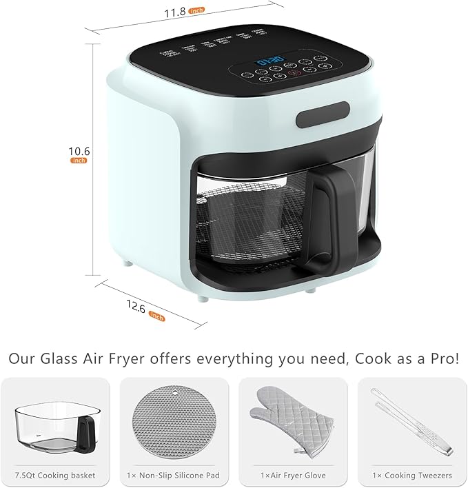 Glass Air Fryer, 7.8QT with Transparent Fry Bowl, Circulating Heating, Temperature Control, Air Fryer Roast, Dishwasher Safe (Green)