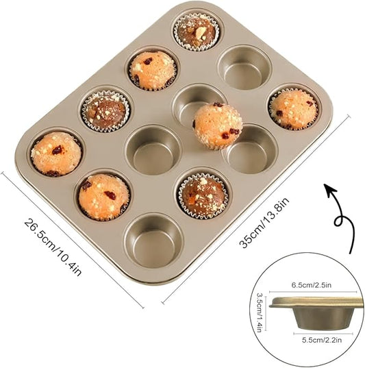 YUNYDSM Muffin Pan, Cupcake Pan, Set of 2, 12-Cup Muffin Tin, Non-Stick Bakeware, Easy to Release and Clean, Baking Molds, Muffin Tray, Molds for Homemade Cupcakes & Muffins (Gold)