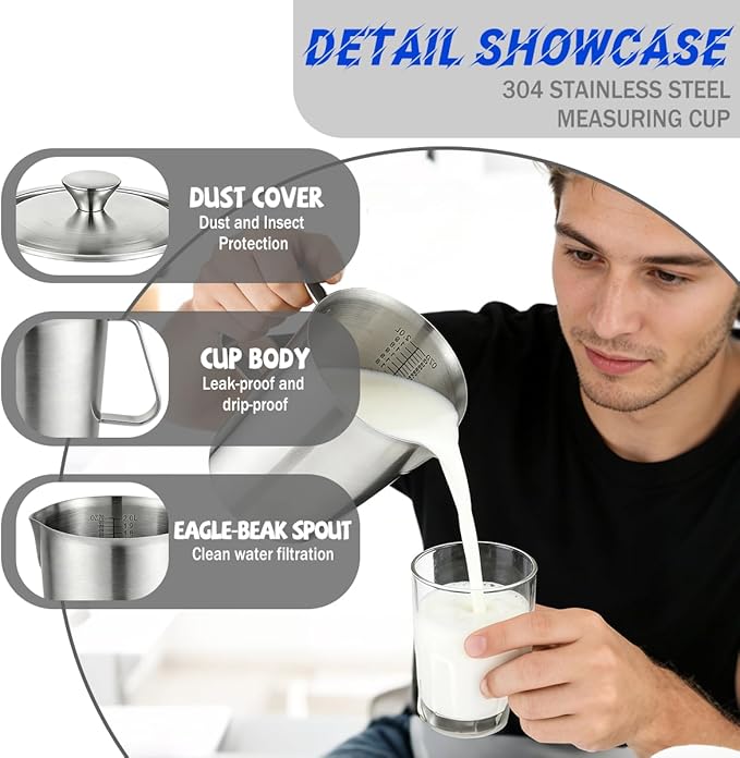 Stainless Steel Pitcher with Lid,70 oz 2 Liter Water Pitcher Large Metal Measuring Cup with Handle,8 Cup Measuring Cup Metal Pitchers,Suitable for Espresso Machines, Latte Art, Iced Tea.