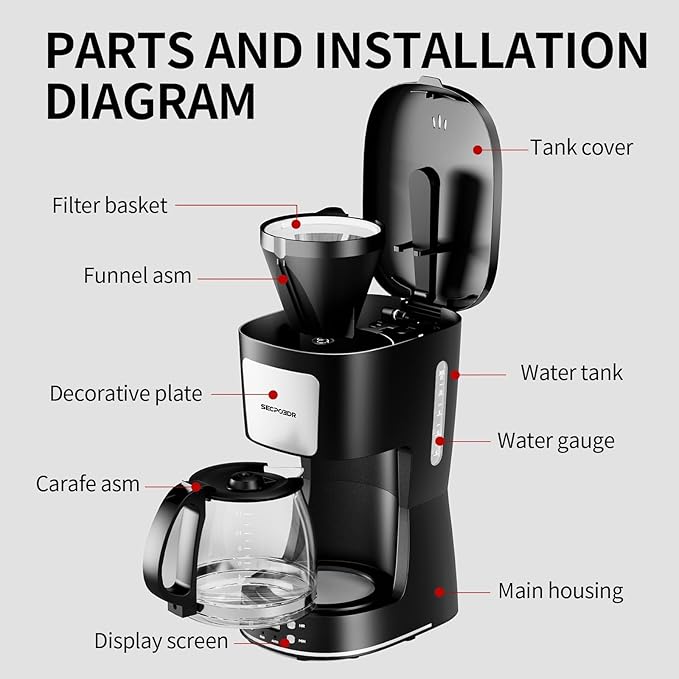 SECPOEDR 12-Cup Drip Coffee Maker with Reusable Filter,Programmable Clock,Auto Brew,Water Window,Keep Hot Plate,Glass Carafe,Compact Design for Kitchen,Office,Silver and Black,Stainless Steel