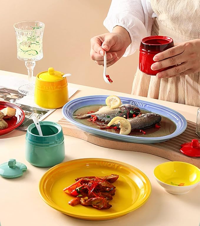 Colourful Ceramic Spice Jar Seasoning Box Condiment Pot Sugar Bowl with Lid Spoon-Green