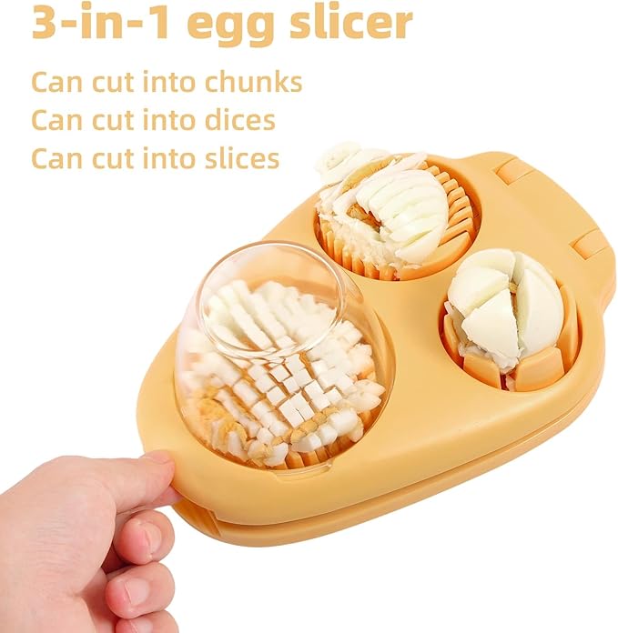 3 in 1 Way Hard Boiled Egg Slicer, Plastic Egg Cutter & Dicer Chopper with 3 Slice Modes and Cleaning Brush for Strawberries Apples Tomatoes Mushrooms & Soft Fruits Food Kitchen Tool Gadgets (Yellow)