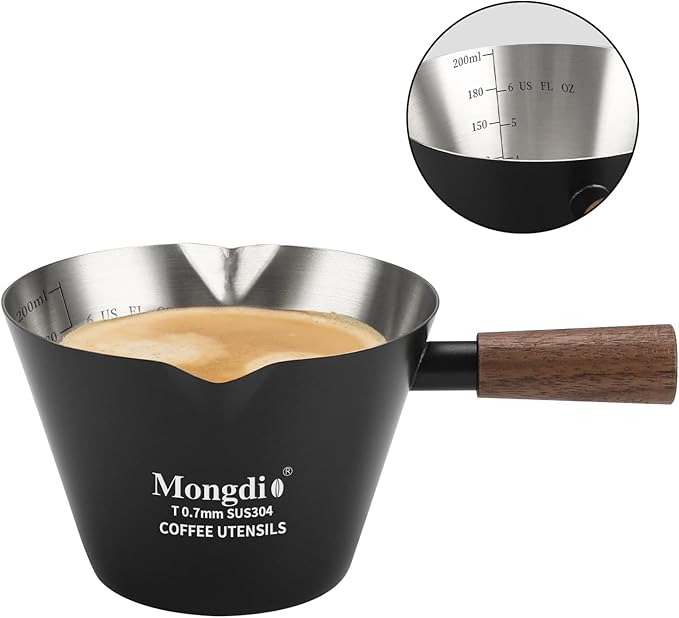 Mongdio Espresso Measuring Cup, Stainless Steel Espresso Shot Cups with Wooden Handle and Double Spouts, 6.8OZ/200ML, Black