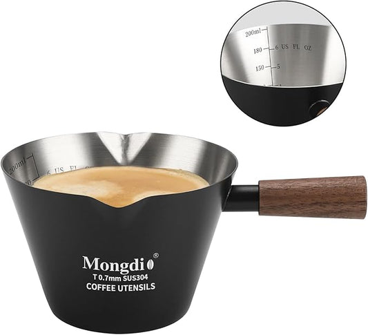 Mongdio Espresso Measuring Cup, Stainless Steel Espresso Shot Cups with Wooden Handle and Double Spouts, 6.8OZ/200ML, Black
