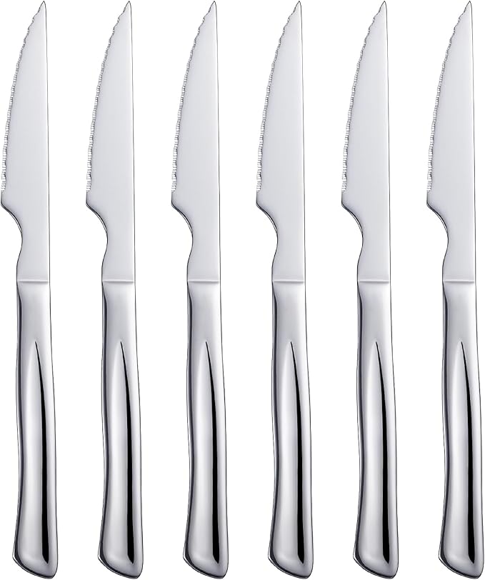 6-Piece Stainless Steel Steak Knives Set - 8.7" Serrated Edge Dinner Knives with Ergonomic Handles, Dishwasher Safe Kitchen Cutlery for Meat, Bread, Vegetables