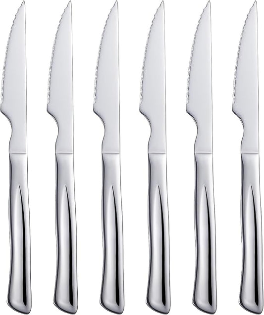 6-Piece Stainless Steel Steak Knives Set - 8.7" Serrated Edge Dinner Knives with Ergonomic Handles, Dishwasher Safe Kitchen Cutlery for Meat, Bread, Vegetables