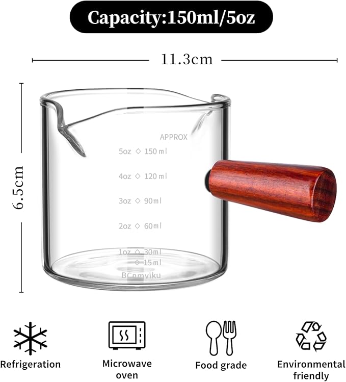 BCnmviku Double Spouts Measuring Triple Pitcher Milk Cup with Wood Handle 150ML /5OZ Espresso Shot Glasses Parts Clear Glass (2)