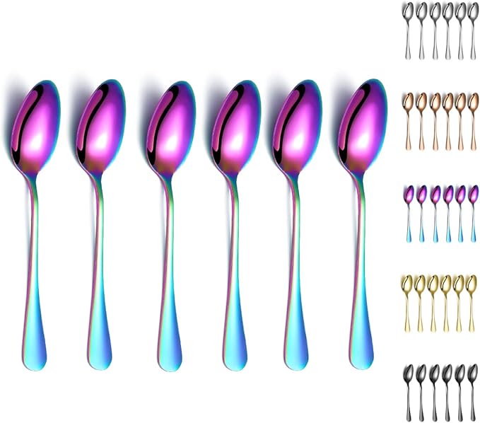 Rainbow Dinner Spoons, Kyraton 6 Pieces 7.5" Stainless Steel Table Spoon With Titanium Colorful Plating, Rainbow Soup Spoons, Dessert Spoons Sliverware Dishwasher Safe Set of 6