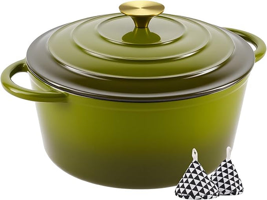 Miereirl 4.5 Quart Enameled Dutch Oven Pot with Lid, Cast Iron Dutch Oven with Dual Handles for Bread Baking, Cooking, Non-stick Enamel Coated Cookware, Golden Green