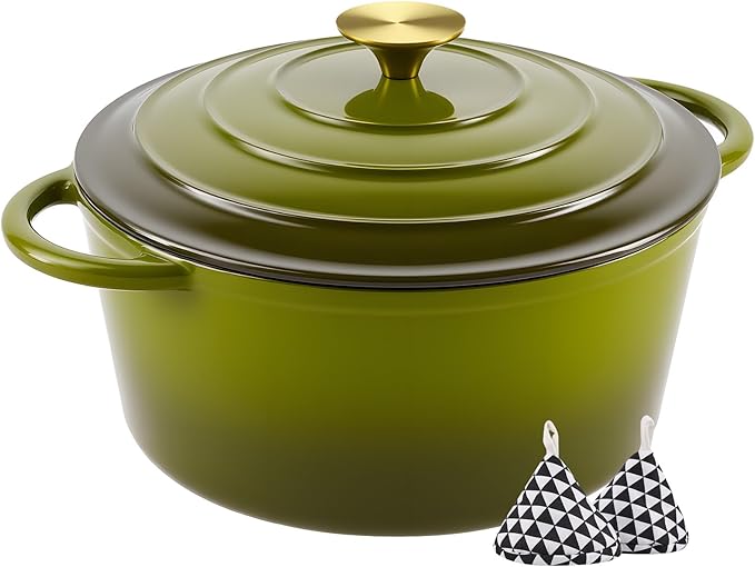 Miereirl 6 Quart Enameled Dutch Oven Pot with Lid, Cast Iron Dutch Oven with Dual Handles for Bread Baking, Cooking, Non-stick Enamel Coated Cookware, Golden Green