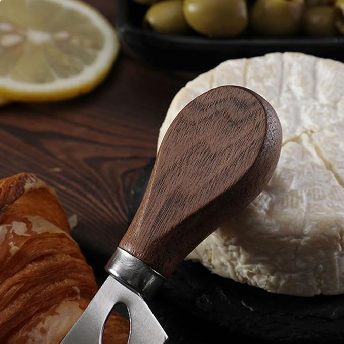 4-Piece Set of Stainless Steel Cheese Knives with Wood Hand, Including Cheese Slicer and Cheese Cutters, Essential Cheese Tools for the Kitchen (Walnut handle, Silver)