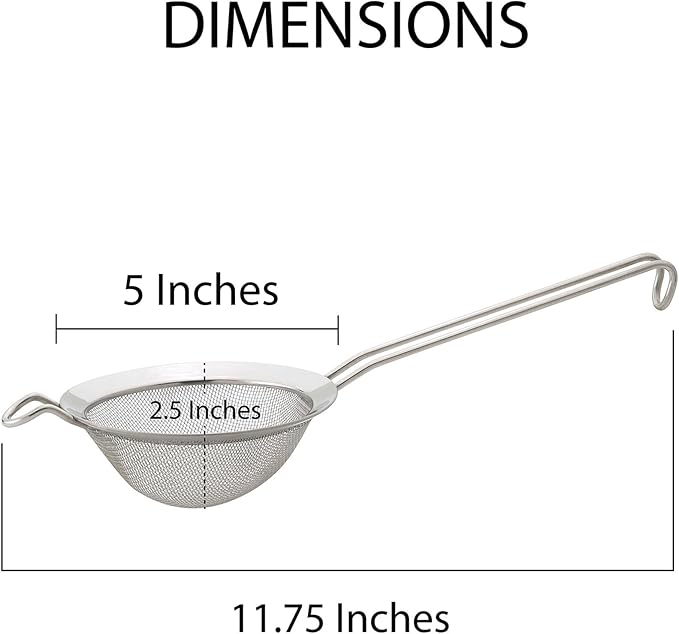 HIC Kitchen Fine Double Mesh Strainer, 18/8 Stainless Steel, 5-Inch, For Sifting Baking Ingredients, Straining, And Draining Soups And Sauces
