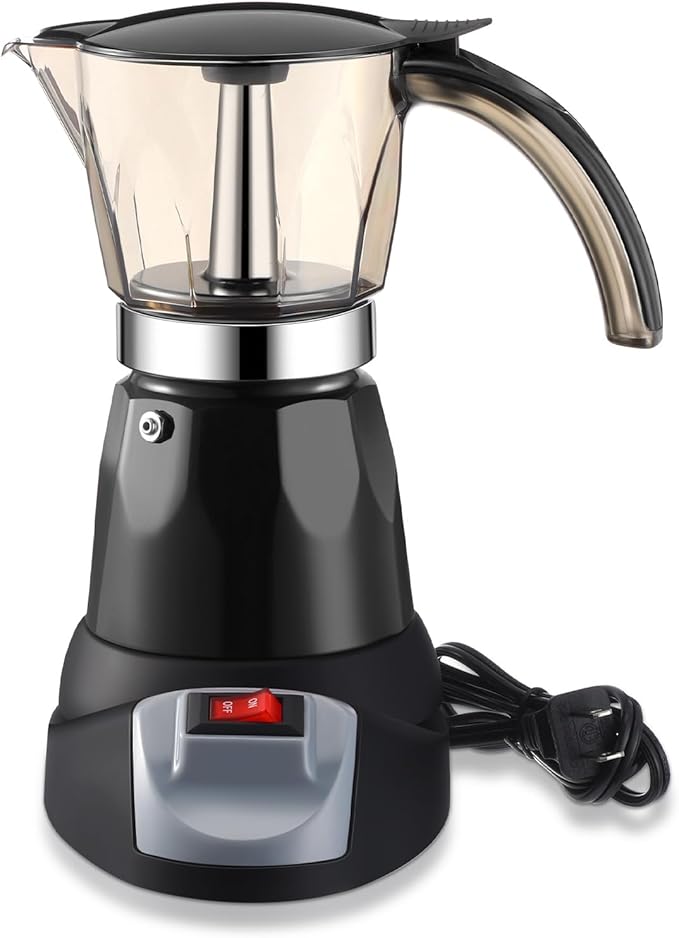 Lemosae Electric Espresso Maker Transparent Coffee Maker Electric Moka Pot Portable Aluminum Espresso Machine Italian Moka Pot with Detachable Base, Coffee Gift for Women Men Home Travel(Black,6 Cup)