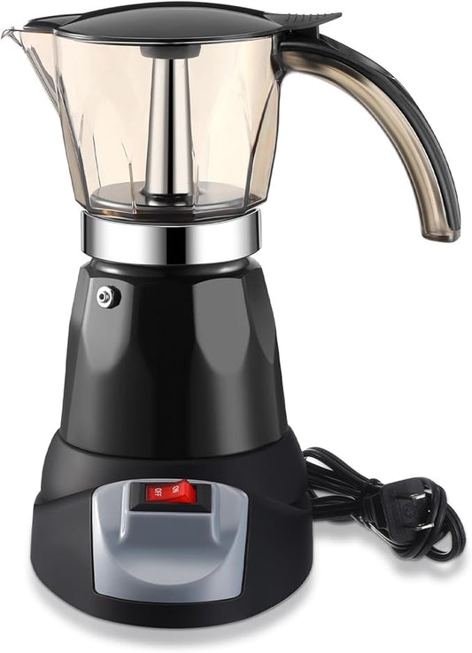 Lemosae Electric Espresso Maker Transparent Coffee Maker Electric Moka Pot Portable Aluminum Espresso Machine Italian Moka Pot with Detachable Base, Coffee Gift for Women Men Home Travel(Black,6 Cup)