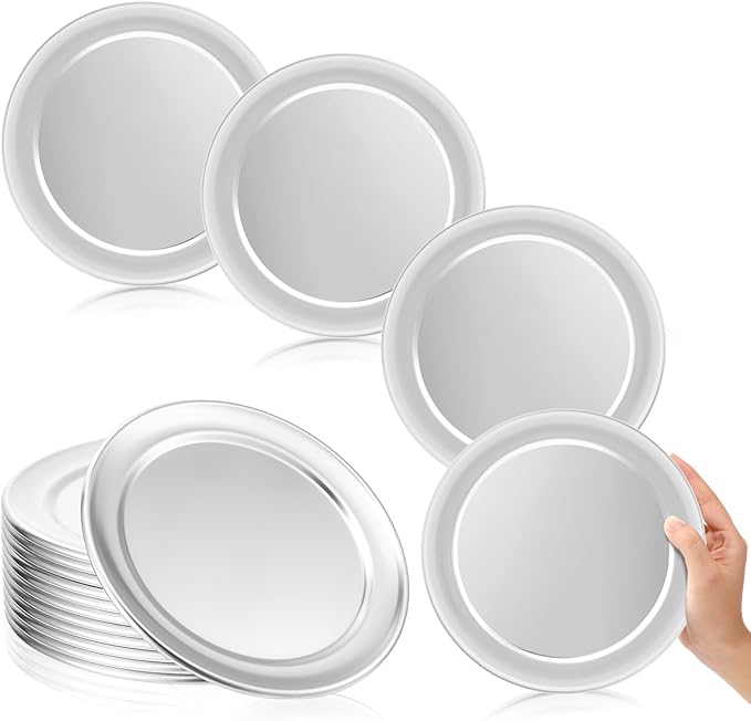 Bokon 12 Pcs 8 Inches Pizza Pan Bulk Restaurant Aluminum Silver Round Pizza Pie Cake Plate Anti Rust Tray for Oven Baking Home Kitchen Easy to Clean