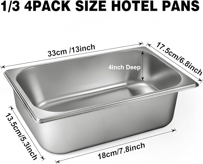 West Bay 4 Pack 1/3 Hotel Pan with Lids, 4'' Deep Steam Table Pan with Lid, 13''L x 6.8''W Stainless Steel Pans for Home, Party, Hotel, Buffet
