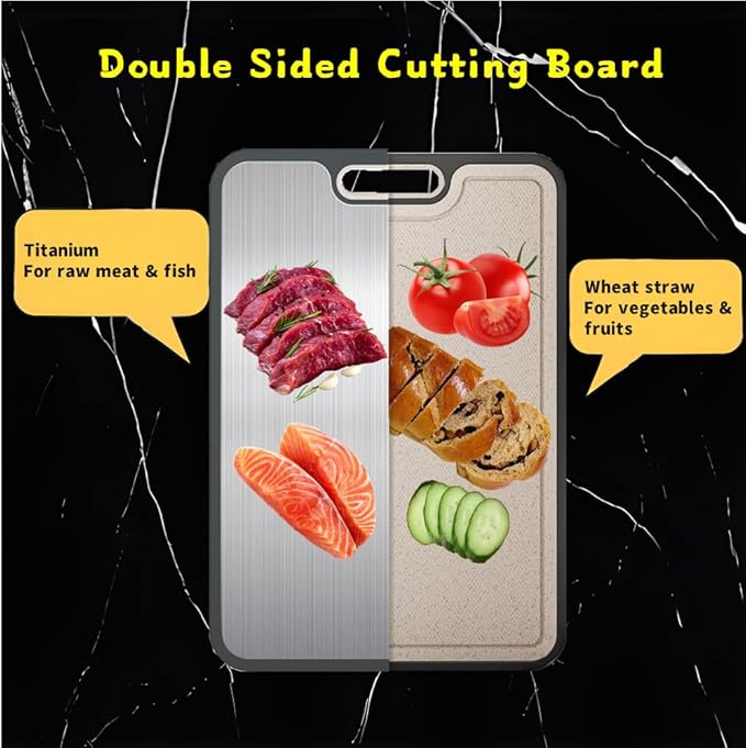 Lopwin Titanium Cutting Board, Dual-Side Cutting Board for Kitchen, Pure Titanium and Wheat Straw PP, Dishwasher Safe, Premium Kitchen Board, 15.5''