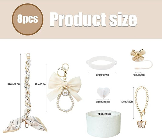 Stanley Cup Accessories Set for 40oz & 30oz Tumbler Including Water Bottle Handle Strap、Bow Keychain、Cup Ring、Bling Silicone Boots、Butterfly Straw Topper、Charm Accessories for Stanley Cup