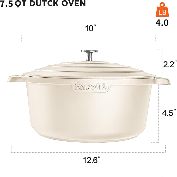 INSETFY Large Dutch Oven Pot with Lid-7.5QT Cast Aluminum Oven Pot with Two Handles Lightweight for Bread Baking Braising and Roasting(Beige)