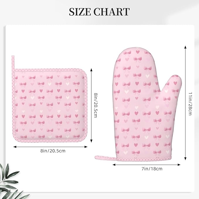 Oven Mitts and Pot Holders Heart Pink Bow Pattern Silicone Kitchen Accessories Set of 4 Heat Resistant Long Gloves Potholder Non-Slip Grip for Chef Cooking Baking Grilling BBQ