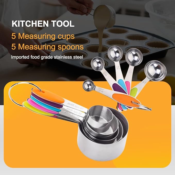 Measuring Cups and Spoons Set, Set of 10 Stainless Steel Measuring Cups and Spoons, with Silicone Handles, Stackable, Easy to Store for Kitchen, Cooking, Baking (Colorful)