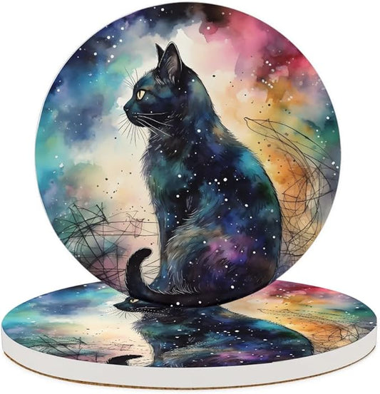 Round Coasters Set of 2, Watercolor Galaxy Sky Black Cat Absorbent Ceramic Coaster with Cork Base, Bar Coasters for Drinks Coffee Mugs Tea Cups Wine Glasses Home Decor Gifts (4 inches)