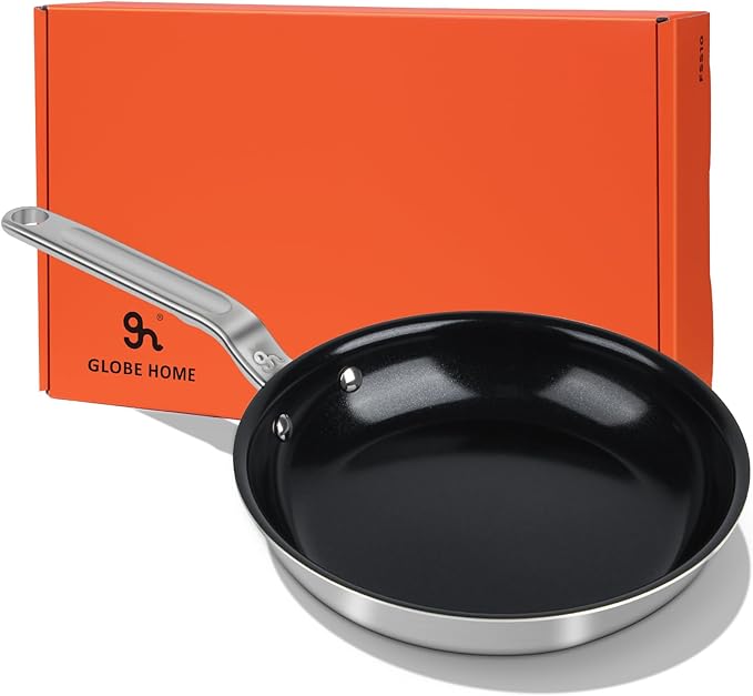 GLOBEHOME 5 Ply Ceramic Non Stick Frying Pans - 12 Inch Stainless Clad Nonstick Skillet, Toxic, PTFE & PFOA FREE, Professional Cookware for Induction, All Stoves and Oven up to 650°F