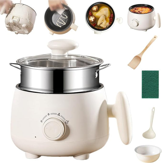 Portable Multifunctional Non-stick Electric Pot, Mini Portable Electric Hot Pot with Steamer, 3 Heat Settings, 2L Non-stick Noodle Cooker for Steaming Boiling Stir-Frying (Stainless Steel Steamer)