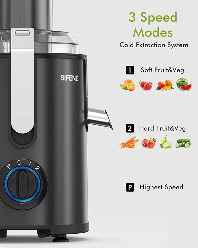 SIFENE Centrifugal Juicer Machine With 3.2 Inch Wide Mouth Chute And 1300W Peak Power Motor For Whole Fruits And Vegetables Compact Stainless Steel Juice Extractor With 3 Speed Control