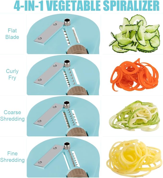 Maxceysen Vegetable Spiralizer 4in1 Rotating Blade Veggie Spiralizer Zucchini Noodle Maker with Strong Suction Cup Spiral Vegetable Cutter Slicer
