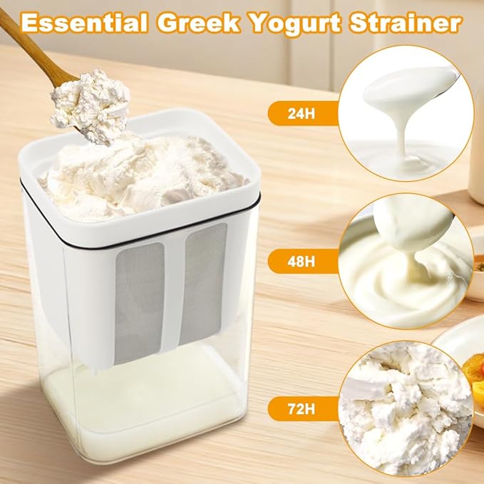 Greek Yogurt Strainer,1100ml Yogurt Strainer Separator,Yoghurt Maker with Fine Mesh Bag & Lid for Thick Greek Yogurt, Soybean Milk,Berries,Soup,Fruit Juice,Coffee(White,Size:10.8 * 9 * 17.6cm)