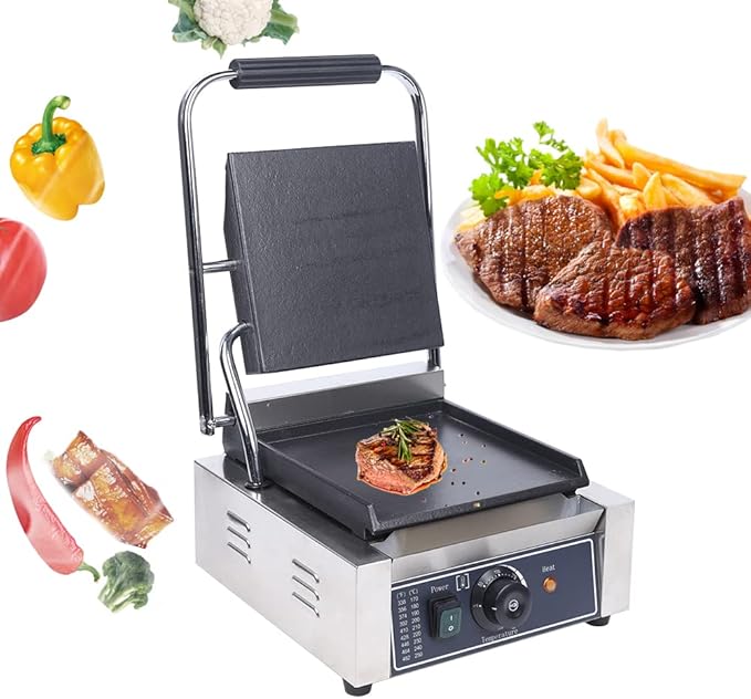 Commercial Sandwich Press 1800W Countertop Panini Grill 110V Sandwich Panini Press Grill Non Stick Surface Electric Maker Temperature Control for Hamburgers Steaks for Restaurant Cafe