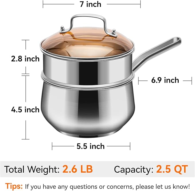 WANGYUANJI 2.5 Quart Stainless Steel Saucepan with Steamer Insert, 2-in-1 Sauce Pot with Lid & Steamer Basket, Tri-Ply Bottom Induction Cookware for Boiling, Soup, Milk, Silver