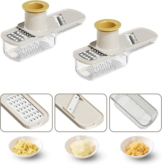 2-Pack 3 in 1 mini Ginger Garlic Grinder Super Thin, Multifunctional Mandoline slicer Grater with Hand Guard, Easy Grip Handheld Kitchen Tool, for Camping Cooking and Picnic (2pcs-white)