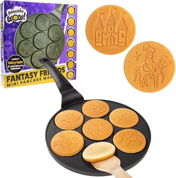 CucinaPro Fantasy Friends Mini Pancake Pan - Nonstick Griddle w Long Handle for Breakfast Magic, Featuring a Princess Castle & More, 7 Unique Flapjacks- Kitchen Baker- Girls Easter Basket Stuffer Gift