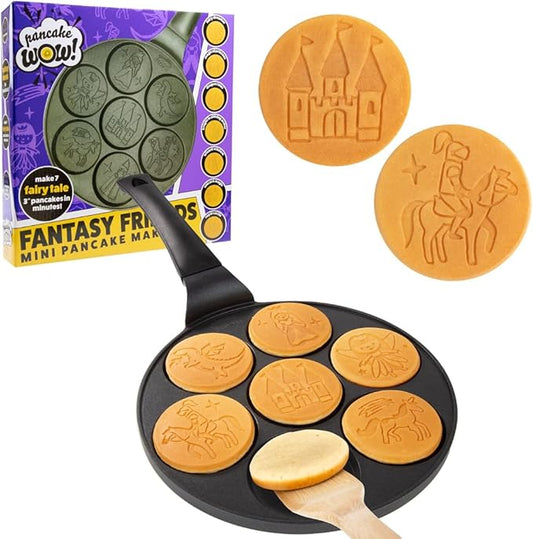 CucinaPro Fantasy Friends Mini Pancake Pan - Nonstick Griddle w Long Handle for Breakfast Magic, Featuring a Princess Castle & More, 7 Unique Flapjacks- Kitchen Baker- Girls Easter Basket Stuffer Gift