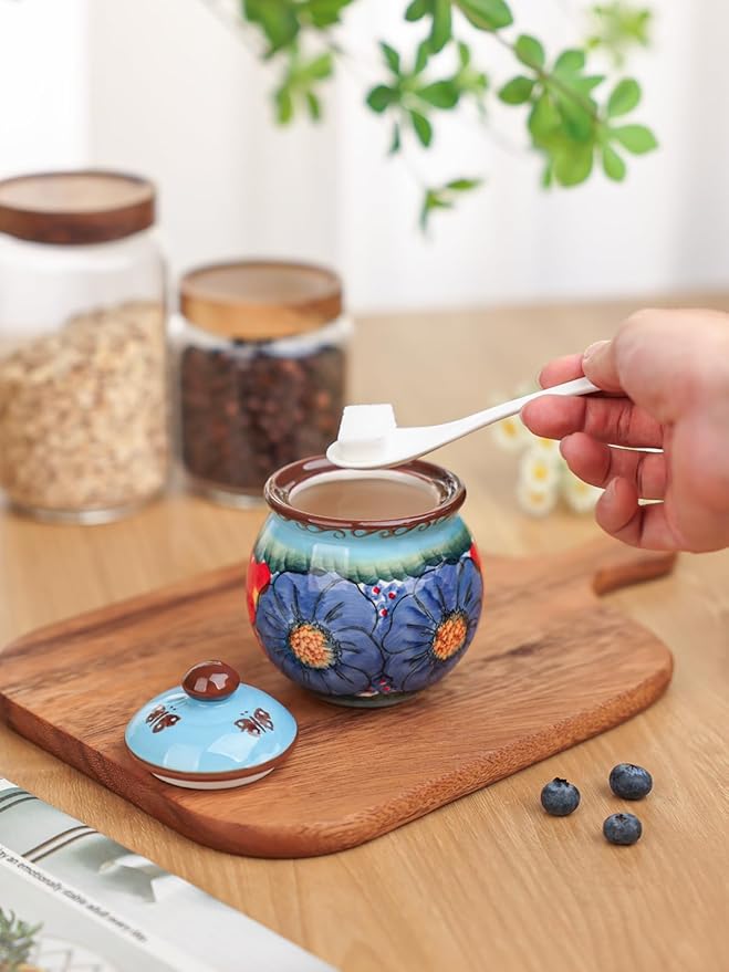 silesia Handmade Sugar Bowl with Lid and Spoon, 8 oz Hand-Painted Ceramic Sugar Jar, Floral Design Seasoning Container for sugar, honey, or spices, Dishwasher Safe (Glazed Blue)