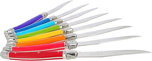 French Home Laguiole 8-Piece Steak Knife Set – Sophisticated Stainless Steel Dinner Knives with Rainbow Handles & Iconic Bee Emblem – Serrated Knives for Smooth Cutting (9.25")