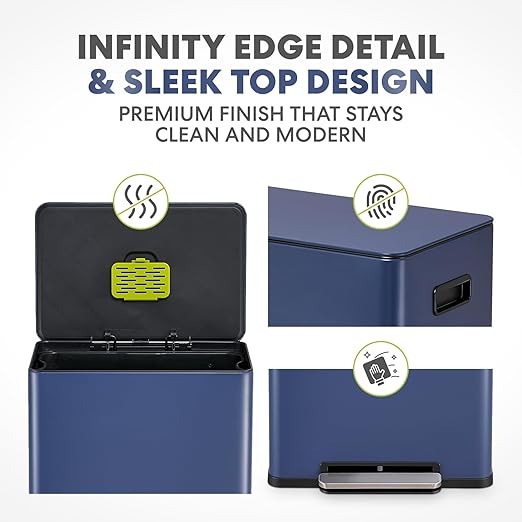 Simpli-Magic Infinity Edge 60 Liter / 16 Gallon Rectangular Hands-Free Extra Large Kitchen Step Trash Can, Soft-Close Single Lid Recycling Bin, Stainless Steel, Blue, 79683
