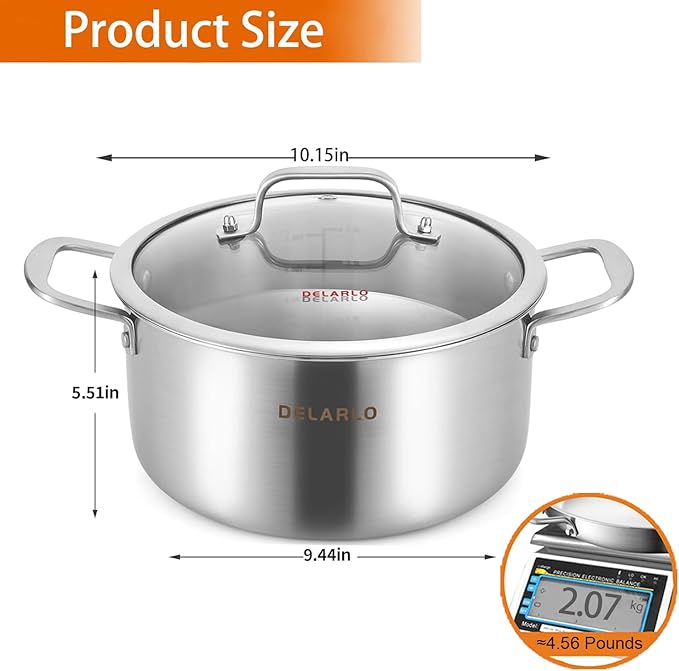 DELARLO Tri-Ply Stainless Steel 6QT Pot with Lid, Induction Ready, 6 Quart with Lid, Durable, Noodle Pot, 18/10 Heavy Duty for Cooking, Suit for All Stove, Up to 600℉(Lids 300℉)