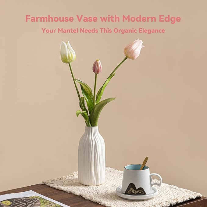 White Matte Ceramic Flower Vase - Woodgrain Sculptural with Vertical Texture, 7.2" Unique Vase for Pampas Grass/Centerpieces, Decorative Farmhouse Vase for Living Room/Office,Ideal Gift for Minimalist