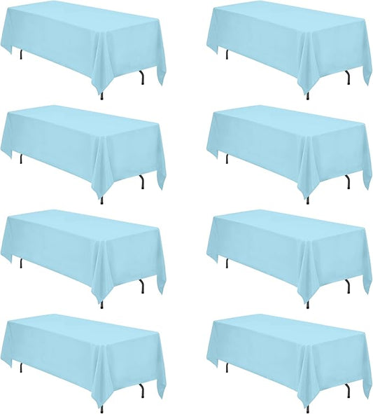 BRILLMAX 8 Pack Light Blue Tablecloths 70 x 120 Inch for 6ft & 8ft Rectangle Tables - 150 GSM Polyester Fabric, Universal Fit, Water, Stain & Wrinkle Resistant Cloth Cover for Wedding Banquet