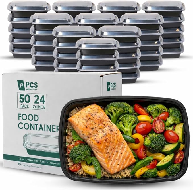 24 oz 50 Pack Meal Prep Containers BPA Free Leakproof Stackable Food Storage Containers with Lids, Microwave & Dishwasher Freezer Safe Reusable To Go Containers Bento Box Style Take Out Clear Plastic