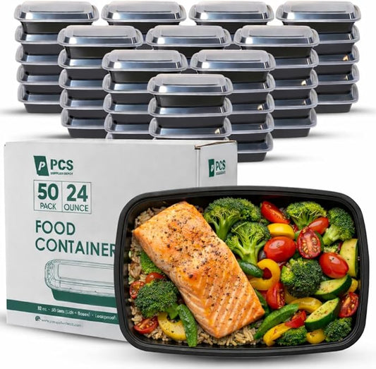 24 oz 50 Pack Meal Prep Containers BPA Free Leakproof Stackable Food Storage Containers with Lids, Microwave & Dishwasher Freezer Safe Reusable To Go Containers Bento Box Style Take Out Clear Plastic