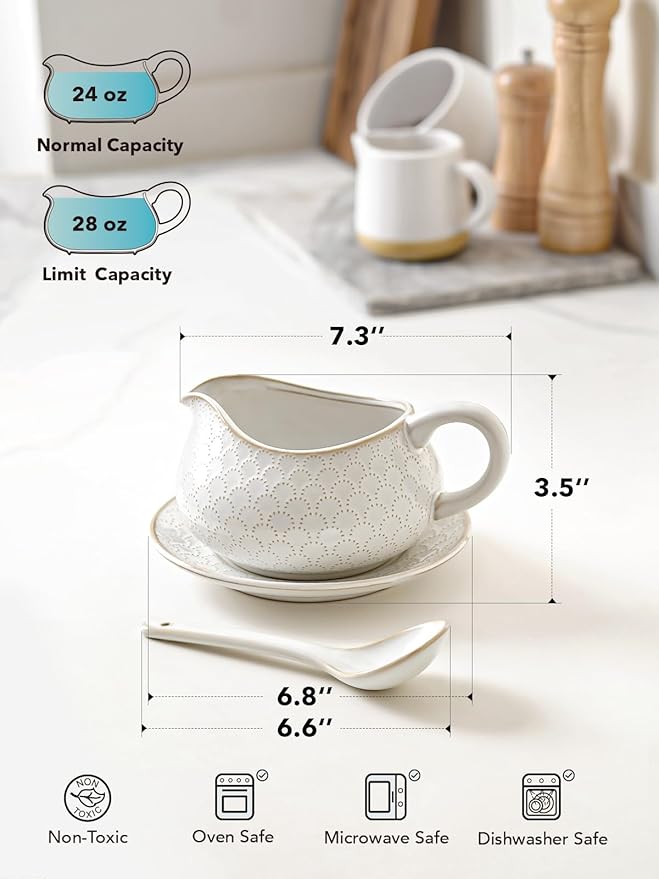 LE TAUCI Gravy Boat with Ladle and Saucer Stand 24oz, Ceramic Sauce Boat with Tray for Salad Dressings, Creamer, Broth, Black Pepper, Set of 1, Arctic White, Firework