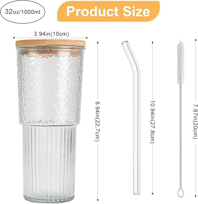 32oz Ribbed Glassware Large Cup, Glass Cups With Lids And Straws,Iced Coffee Cups With Lids,Glasses Drinking Set,Cute Cups,Boba Cup,With Straw Brush,Ideal Gift-2PCS