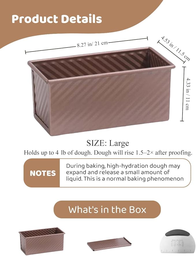 Pullman Loaf Pan with Lid & Dough Scraper Cutter, Nonstick Carbon Steel Bread Baking Pan, Heavy Duty Bakeware, Perfect for Homemade Sandwich, Sourdough, Toast & Cake
