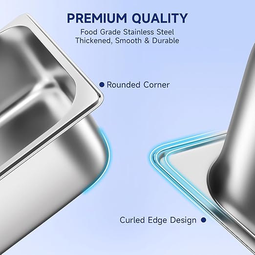 Full Size Hotel Pan With Lids 6 Inch Deep Stainless Steel Chafing Dishes for Buffet, Steam Table Pan, Metal Commercial Food Pans for Food Prep/Catering/Food Serving (6 Pack, Full Size 1/1 x 6" Deep)