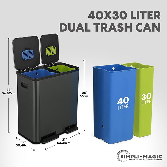 Simpli-Magic 70 Liter / 18.5 Gallon Rectangular Hands-Free Dual Compartment Recycling Kitchen Step Trash Can with Soft-Close Single Lid, Stainless Steel (40L x 30L Capacity) Elegant Black Finish